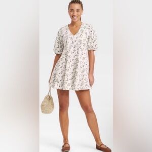 Universal Thread Cream Floral Bell Elbow Sleeve Mini A-Line Dress Size L